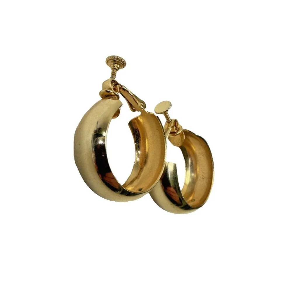 Vintage 1980s Gold Tone Chunky Hoop Clip On Earrings Wide Domed Statement Retro